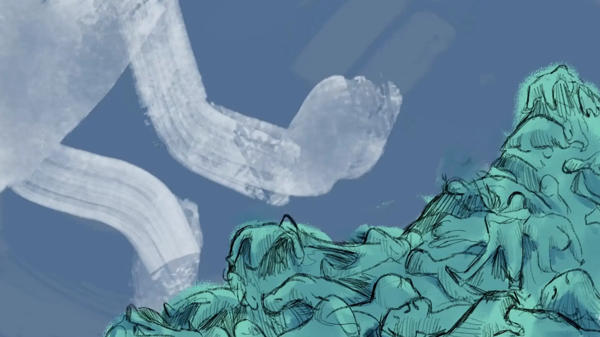 Clouds and waves rendered in blue and green