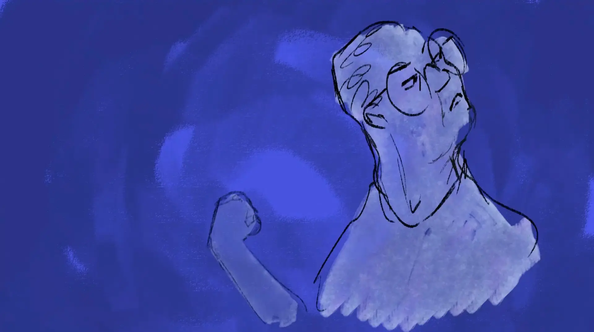 A figure against a deep blue background, head tilted back