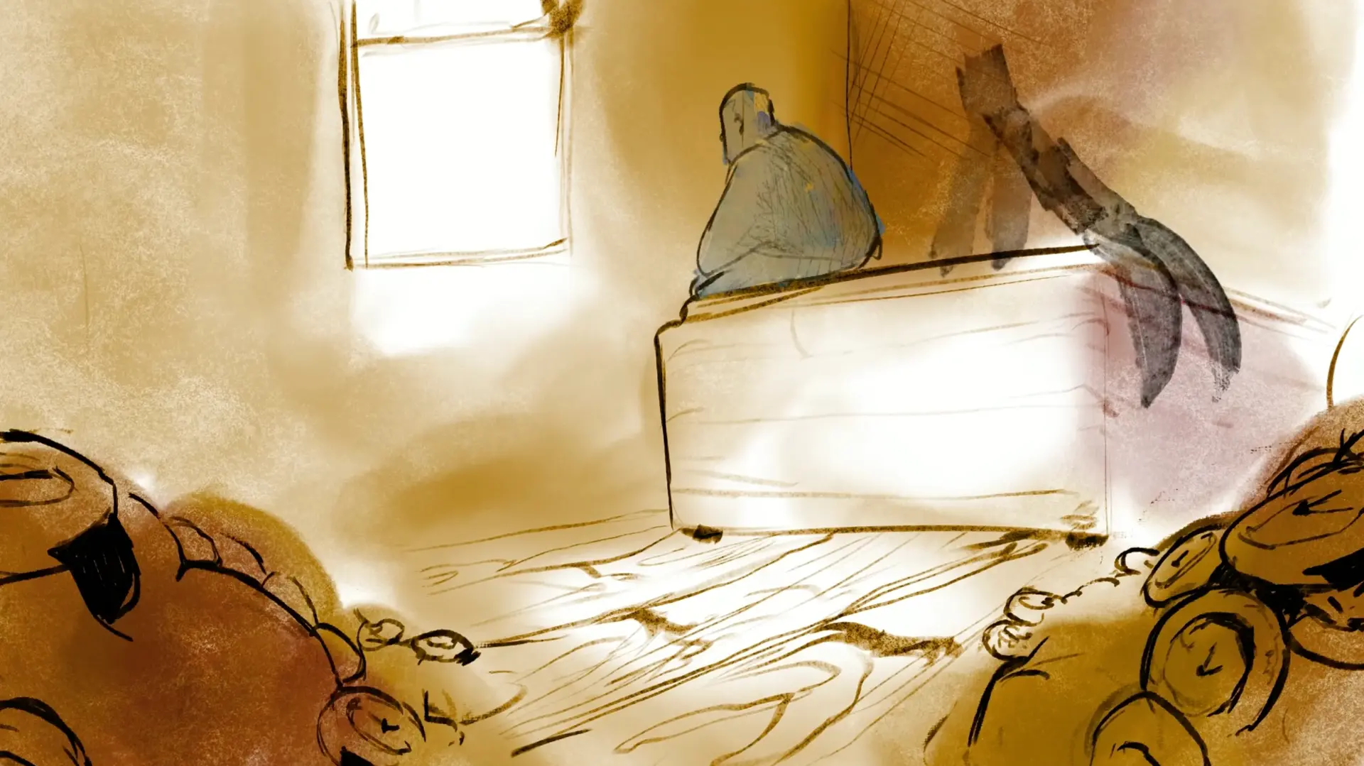 A figure sitting on a bed in a sunlit room surrounded by watches
