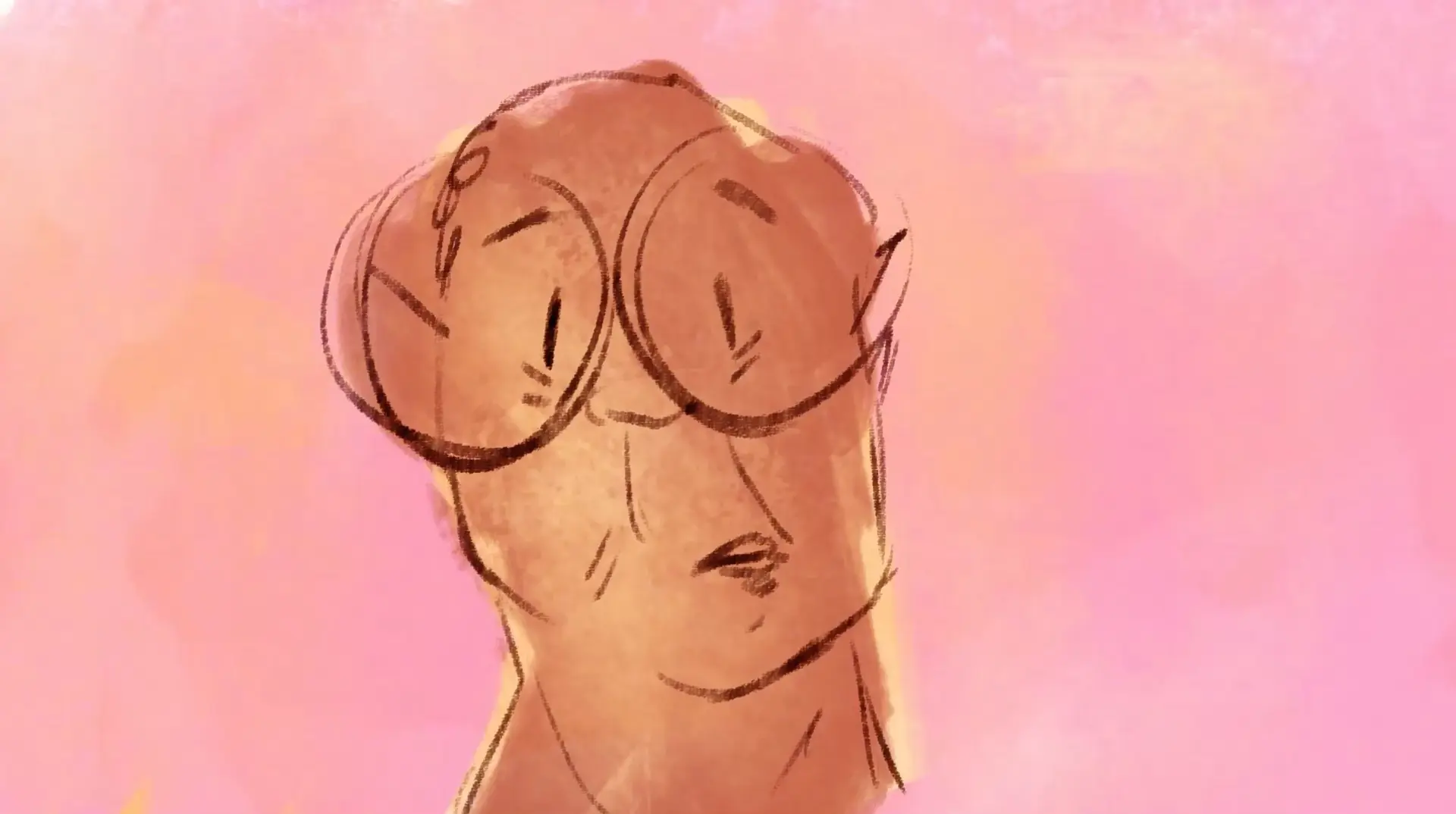 A figure in pink and peach tones with watch faces overlaid