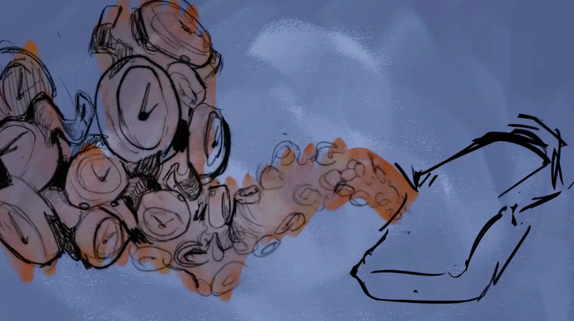 A cascade of watches spilling toward a seated figure
