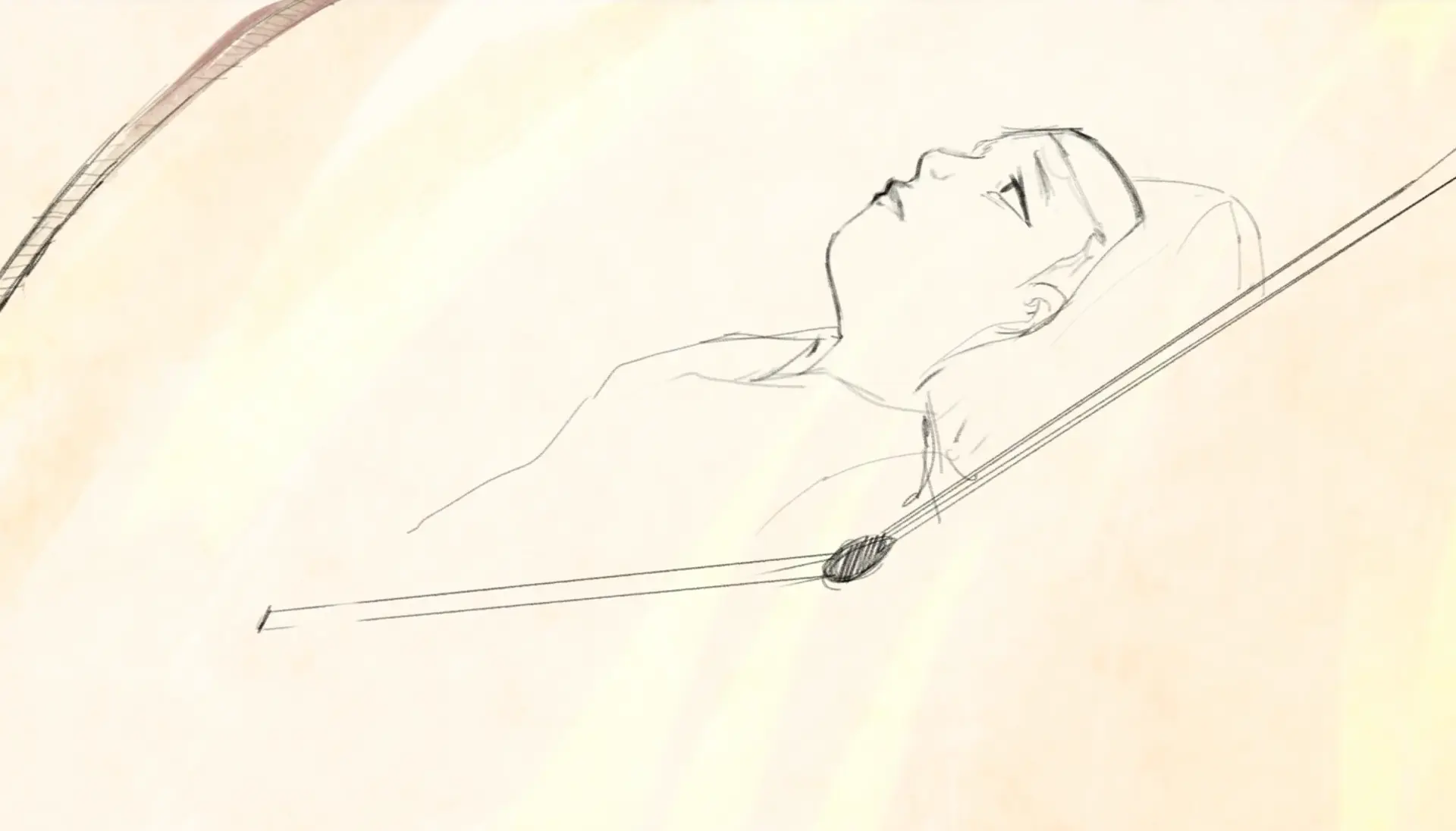 Pencil sketch of the Lady lying back in warm light